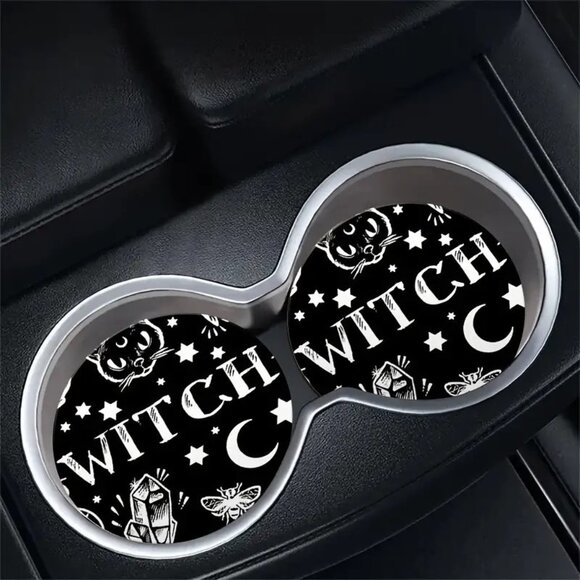 Witch-Themed Car Coasters - Set Of 2 - Moon & Stars Design - Round - Picture 1 of 12